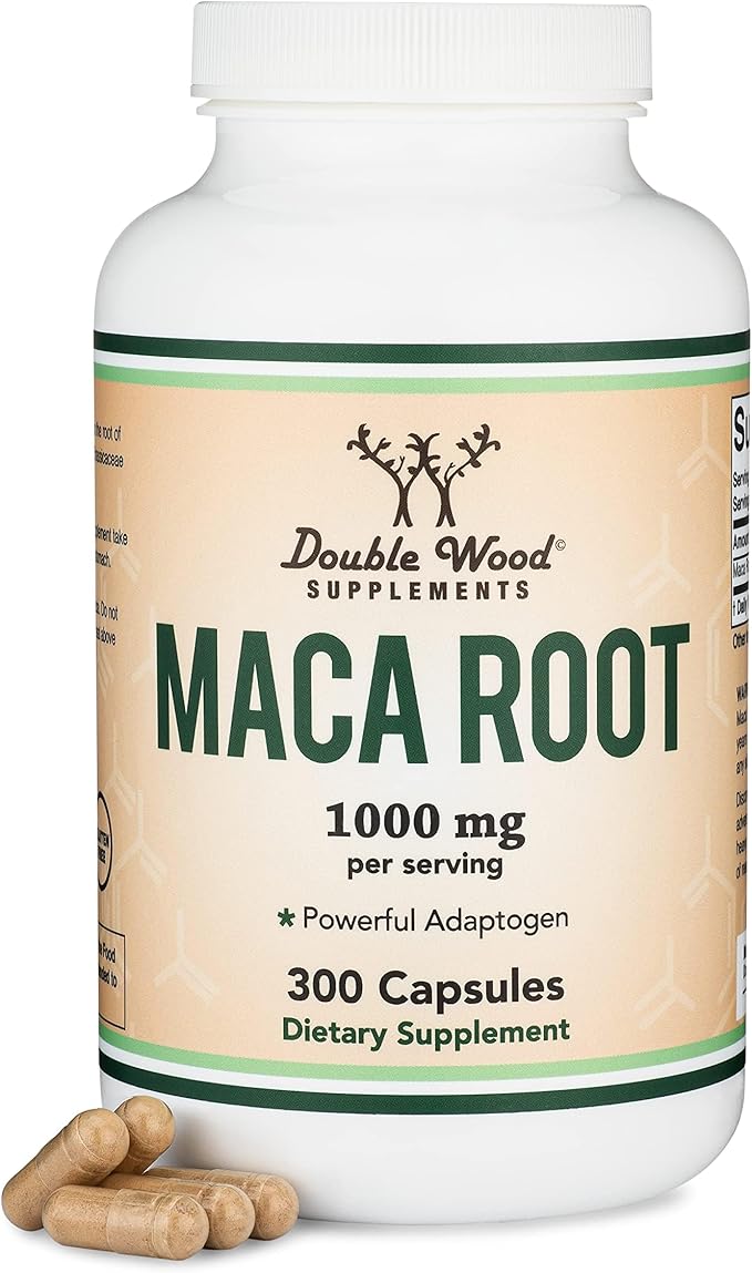 Double Wood Maca Root Capsules 1000mg – Black, Red & Yellow Maca for Energy, Performance & Mood Support – Non-GMO, Gluten-Free – 300 Capsules