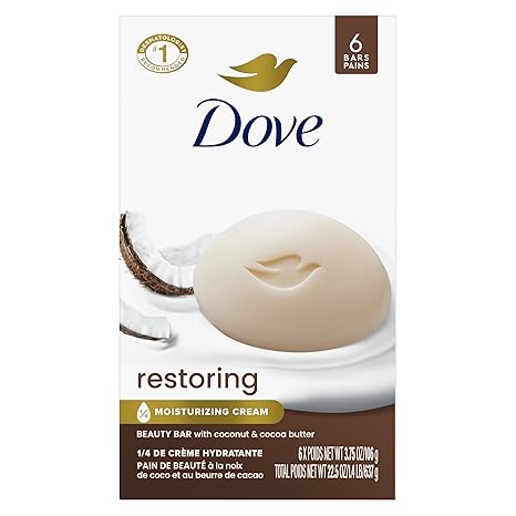 Dove Coconut & Cocoa Butter Beauty Bar Soap – Moisturizing, Nourishing, Gentle Cleanser – 6 Bars (3.75 oz Each)