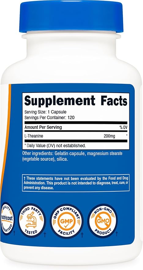 Nutricost L-Theanine 200mg – Double Strength Stress & Focus Support – Non-GMO, Gluten-Free – 120 Capsules