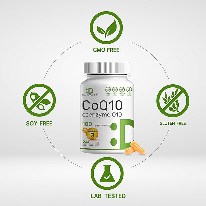 CoQ10 100mg with Omega 3 Fatty Acids 100mg – High Absorption Ubiquinone for Heart, Energy, Brain & Antioxidant Support – Non-GMO – 240 Capsules