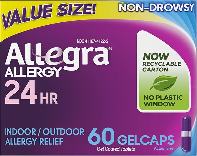 Allegra 24-Hour Allergy Relief Gelcaps – Non-Drowsy Antihistamine with Fexofenadine HCl 180mg – Indoor & Outdoor Allergy Medicine – 60 Count
