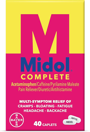 Midol Complete Menstrual Pain Relief Caplets – 40 Count Relieves Cramps, Headache, Bloating, Fatigue, and Water Retention