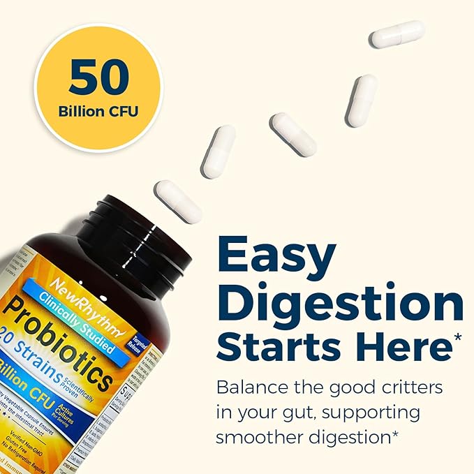 NewRhythm Probiotics 50 Billion CFU – 20 Clinically Studied Strains + Prebiotic Fiber – Digestive, Immune & Gut Health – Non-GMO, Gluten-Free – 60 Veggie Capsules