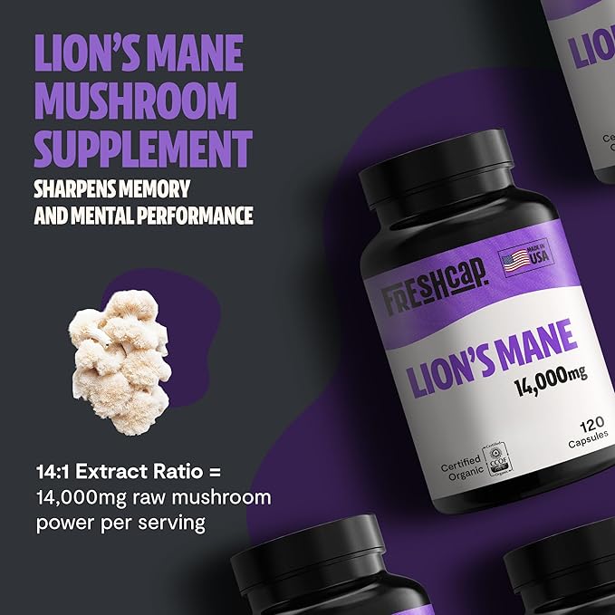 FreshCap Lion’s Mane 14,000mg – High Potency 14:1 Organic Brain & Immune Support – 120 Capsules – Made in USA