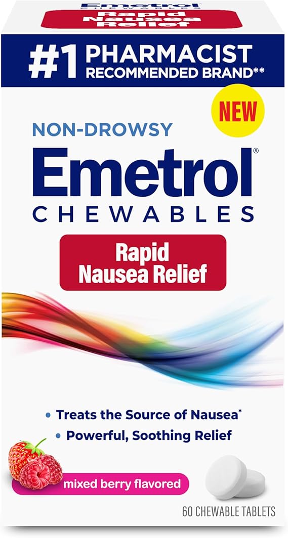 Emetrol Chewable Nausea Relief – Mixed Berry – 60 Tablets – Non-Drowsy, Fast-Acting Upset Stomach Medicine