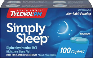 Tylenol Simply Sleep Nighttime Sleep Aid Caplets 100 Count – 25 mg Diphenhydramine HCl Non-Habit Forming Sleep Support for Adults