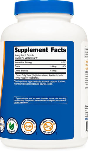 Nutricost Choline Bitartrate 650mg – High Potency Vegetarian Brain & Liver Support – 240 Capsules
