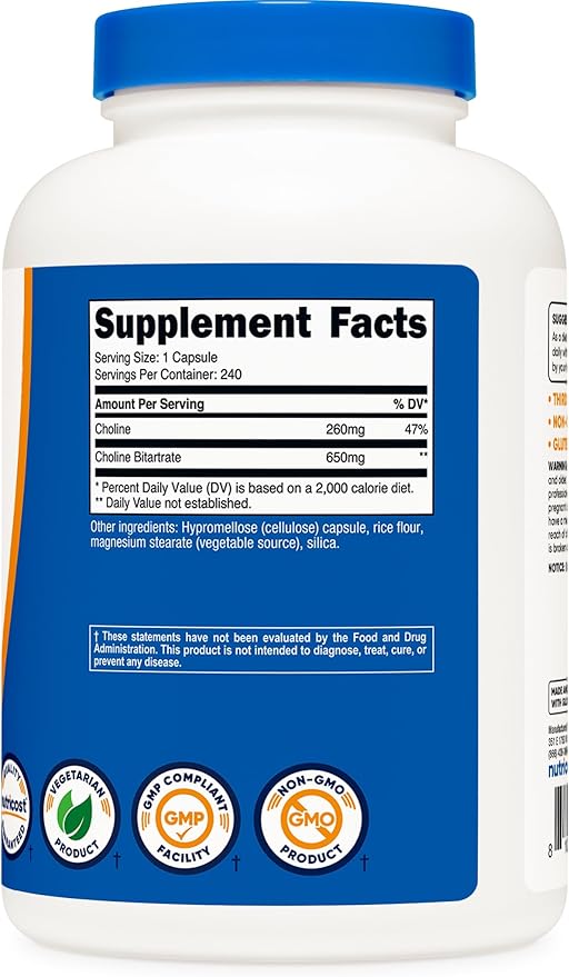Nutricost Choline Bitartrate 650mg – High Potency Vegetarian Brain & Liver Support – 240 Capsules
