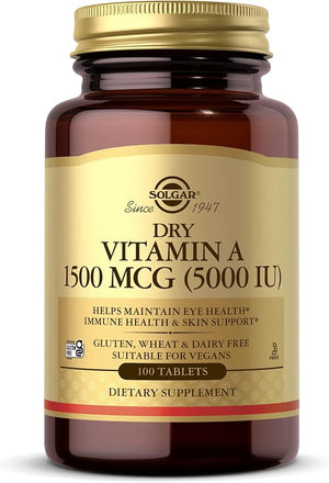 Solgar Dry Vitamin A 5000 IU (1500 mcg) – Eye, Immune & Skin Support – 100 Vegan Tablets – Non-GMO, Gluten Free