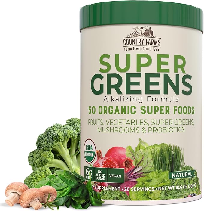 Country Farms Organic Super Greens – 50 Superfoods with Fiber, Mushrooms, Probiotics & Antioxidants – USDA Organic Greens Powder – Natural Flavor Drink Mix