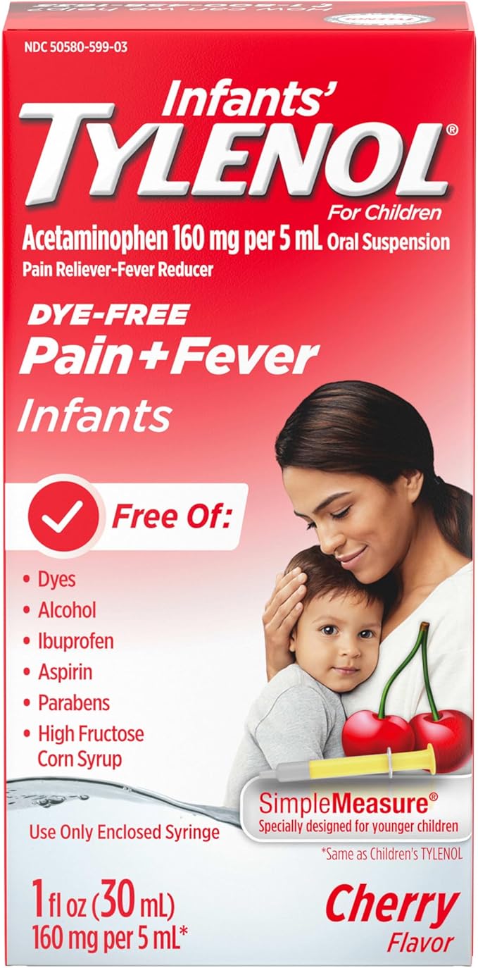 Infants' Tylenol Liquid Oral Suspension – Dye-Free Cherry – 1 fl oz – Acetaminophen 160mg for Fever & Pain Relief in Babies and Toddlers