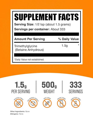 BulkSupplements.com TMG Powder – Trimethylglycine as Betaine Anhydrous, Unflavored, Gluten-Free, 1.5g Per Serving, 500g