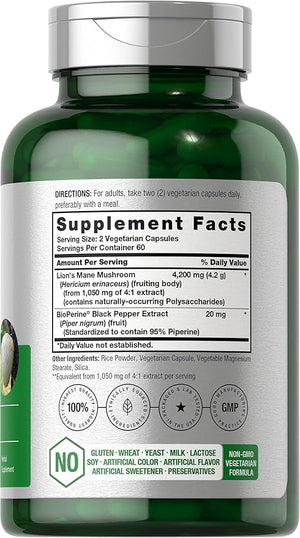 Horbäach Lion’s Mane Mushroom Extract 4200mg – Brain, Memory & Immune Support – 120 Vegetarian Capsules