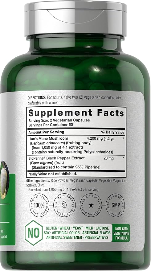 Horbäach Lion’s Mane Mushroom Extract 4200mg – Brain, Memory & Immune Support – 120 Vegetarian Capsules