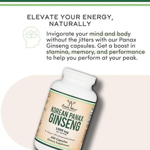 Double Wood Korean Red Panax Ginseng 1000mg – Mood, Cognitive Function & Energy Support – Non-GMO, Gluten-Free, Vegan – 240 Capsules