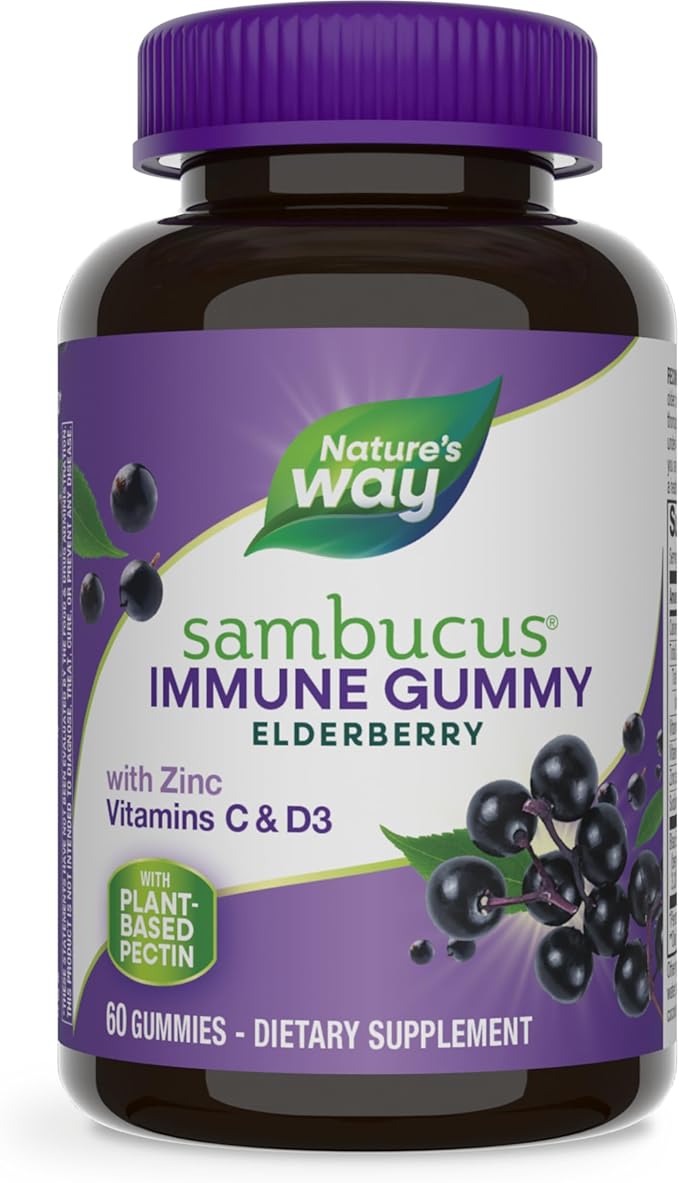 Nature’s Way Sambucus Elderberry Immune Gummies – Vitamin C, D3 & Zinc – Daily Immune Support for Kids & Adults – Vegetarian, Non-GMO, Gluten-Free – 60 Gummies