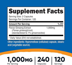 Nutricost Panax Ginseng 1000mg – Energy, Focus & Immune Support – Non-GMO, Gluten-Free, Soy-Free – 240 Capsules