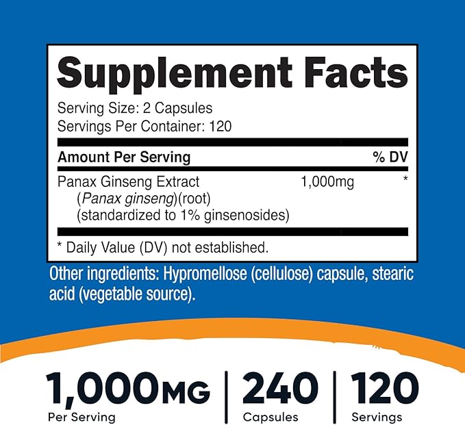 Nutricost Panax Ginseng 1000mg – Energy, Focus & Immune Support – Non-GMO, Gluten-Free, Soy-Free – 240 Capsules