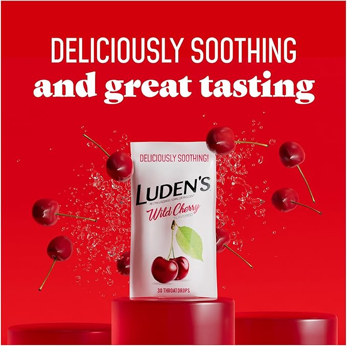 Luden's Wild Cherry Throat Drops 30 Count – Soothing Pectin-Based Relief for Dry and Irritated Throats, Great Tasting and Safe for Kids