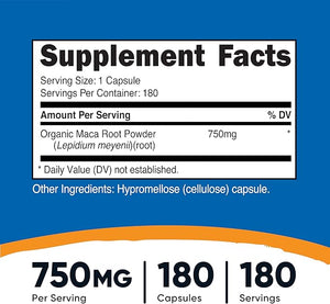 Nutricost Maca Root 750mg – Organic Peruvian Sourced – Energy, Mood & Hormonal Support – Non-GMO, Gluten-Free, Vegetarian – 180 Capsules