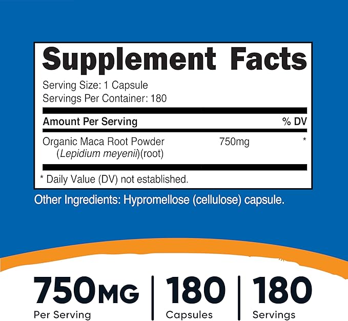 Nutricost Maca Root 750mg – Organic Peruvian Sourced – Energy, Mood & Hormonal Support – Non-GMO, Gluten-Free, Vegetarian – 180 Capsules