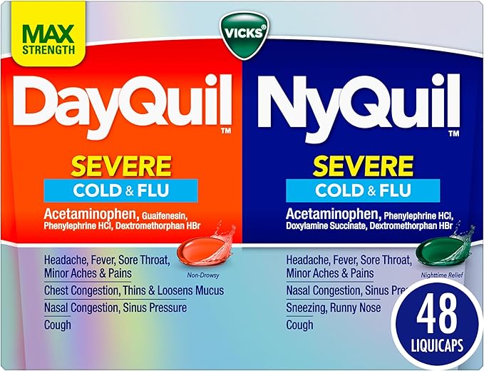 VICKS DayQuil & NyQuil SEVERE Cold & Flu Relief – 48 LiquiCaps – Day & Night Multi-Symptom Formula