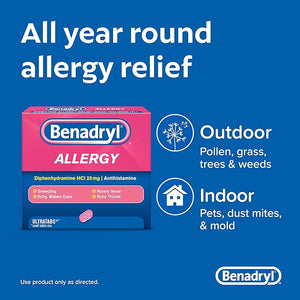 Benadryl Allergy ULTRATAB Go Packs – 120 Tablets (60x2 Count) – Fast-Acting Antihistamine for Sneezing, Runny Nose, Itchy Eyes & Throat – Travel-Size Allergy Relief for Adults & Kids