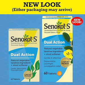Senokot-S Dual Action Laxative & Stool Softener – 60 Tablets – Gentle, Natural Overnight Constipation Relief