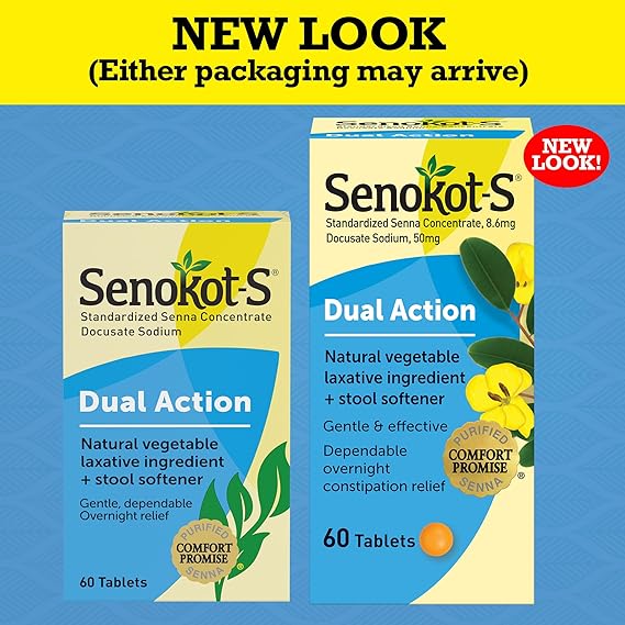 Senokot-S Dual Action Laxative & Stool Softener – 60 Tablets – Gentle, Natural Overnight Constipation Relief