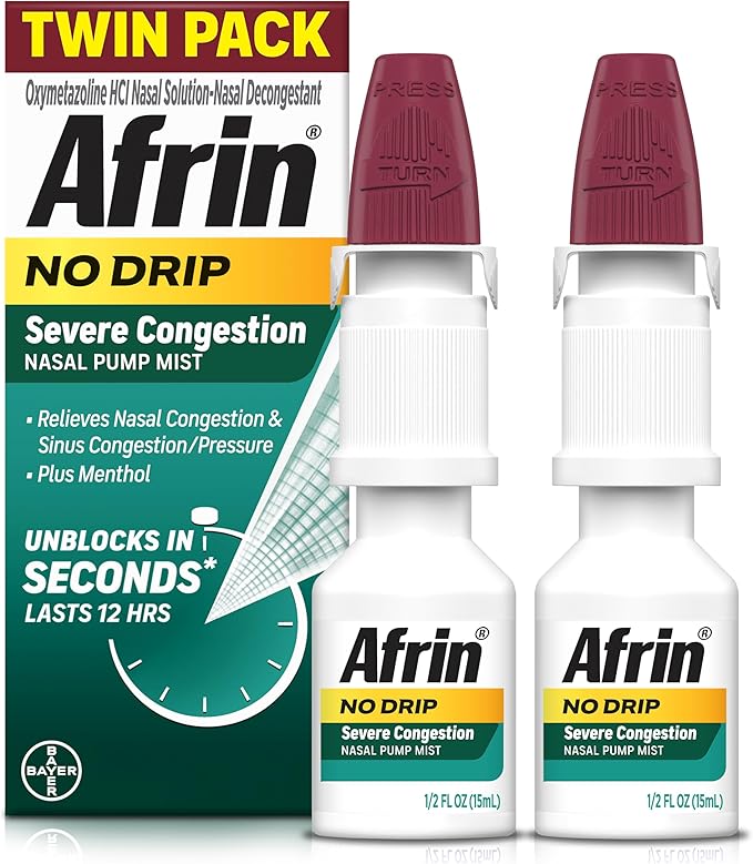 Afrin No Drip Severe Congestion Nasal Mist Spray – 12-Hour Non-Drowsy Decongestant with Menthol, Sinus Pressure Relief, 0.5 fl oz Twin Pack