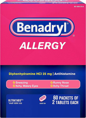 Benadryl Allergy ULTRATAB Go Packs – 120 Tablets (60x2 Count) – Fast-Acting Antihistamine for Sneezing, Runny Nose, Itchy Eyes & Throat – Travel-Size Allergy Relief for Adults & Kids