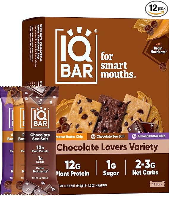 IQBAR Brain and Body Plant Protein Bars – Chocolate Lovers Variety, 12-Count, Low Carb, Gluten-Free