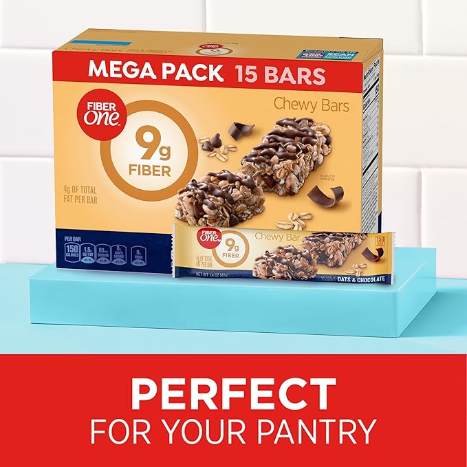 Fiber One Chewy Bars, Oats and Chocolate – High Fiber Snack Bar, Low Sugar, Mega Pack, 15 Ct