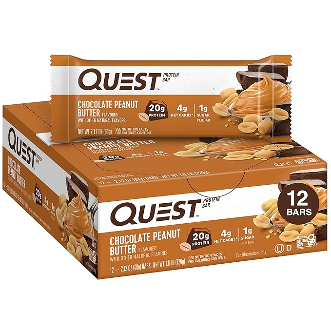 Quest Chocolate Peanut Butter Protein Bars – 20g Protein, 1g Sugar, Keto, Gluten Free, Low Carb, 12 Count