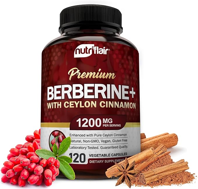 NutriFlair Premium Berberine HCL 1200mg with True Ceylon Cinnamon – Blood Sugar, Heart & Metabolic Support – Vegan, Non-GMO, Gluten-Free – 120 Capsules