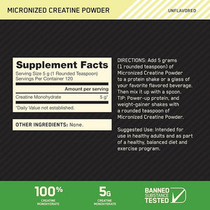 Optimum Nutrition Micronized Creatine Monohydrate Powder – Unflavored, 600g, 120 Servings