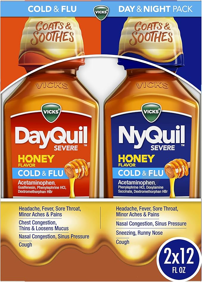 VICKS DayQuil & NyQuil SEVERE Cold & Flu Medicine with Honey Flavor – 9-Symptom Relief, Headache, Fever, Cough, Congestion – 2x12 oz Bottles