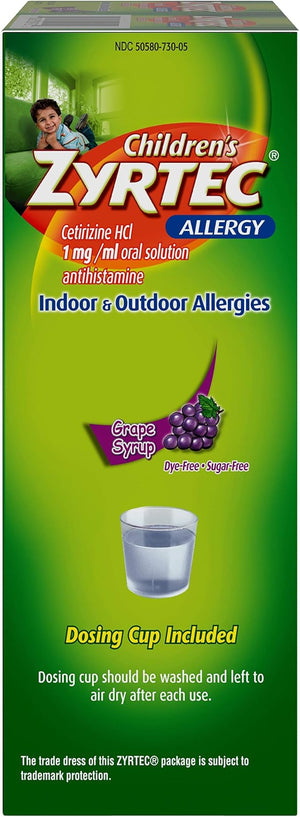Zyrtec Children’s Allergy Syrup 24 Hour Relief – Sugar-Free Grape Flavor, Cetirizine HCl 5mg per 5mL, Dye-Free, Twin Pack (2 x 4 fl oz)