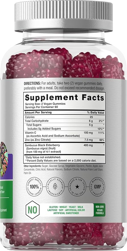 Horbaach Black Elderberry Gummies – Sambucus Extract with Zinc & Vitamin C – Immune Support – Berry Flavor – Vegan, Non-GMO, Gluten-Free – 120 Gummies
