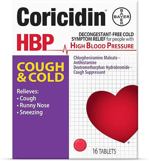 Coricidin HBP Cough & Cold Relief – 16 Tablets – Decongestant-Free, Safe for High Blood Pressure