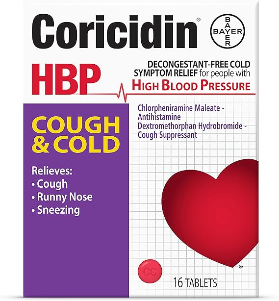 Coricidin HBP Cough & Cold Relief – 16 Tablets – Decongestant-Free, Safe for High Blood Pressure