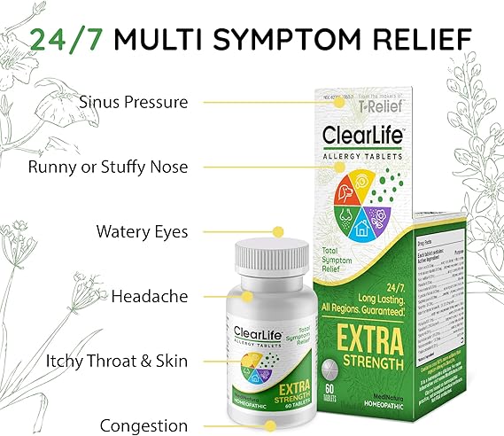 ClearLife Extra Strength Allergy Relief, 60 Tablets – Non-Drowsy Homeopathic Formula for Congestion, Sneezing & Sinus Pressure