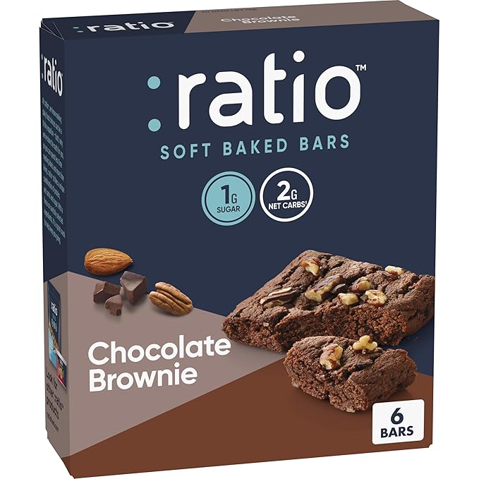 Ratio Soft Baked Bars, Chocolate Brownie – 1g Sugar, Keto Friendly, High Protein, Gluten Free, 6 Bars