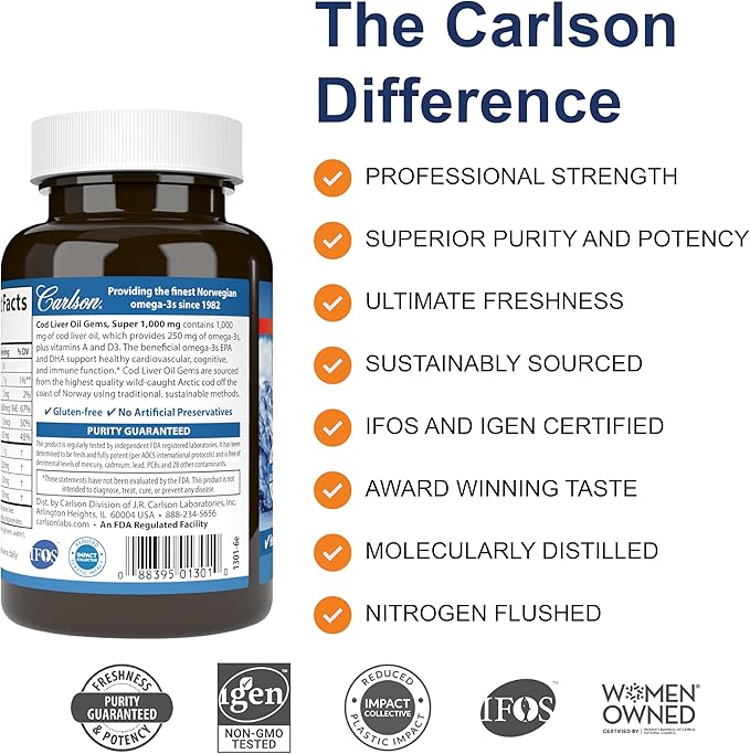 Carlson Cod Liver Oil 1000mg – Omega-3s, Vitamin A & D3 – Wild Norwegian, Sustainably Sourced – Non-GMO, Gluten-Free – 100 Softgels