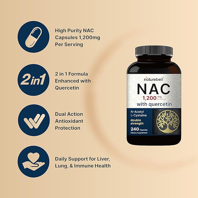 NAC Supplement 1200mg with Quercetin – Double Strength Antioxidant for Immune, Liver & Lung Health – Non-GMO, Gluten-Free – 240 Capsules