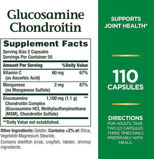 Nature's Bounty Glucosamine Chondroitin – Joint Support Supplement – Cartilage, Ligament & Flexibility – Non-GMO, Gluten-Free – 110 Capsules