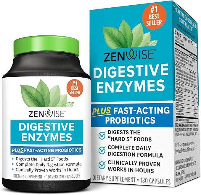 Zenwise Digestive Enzymes with Probiotics & Prebiotics – Gas, Bloating & Gut Health Support – Non-GMO, Gluten-Free – 180 Capsules