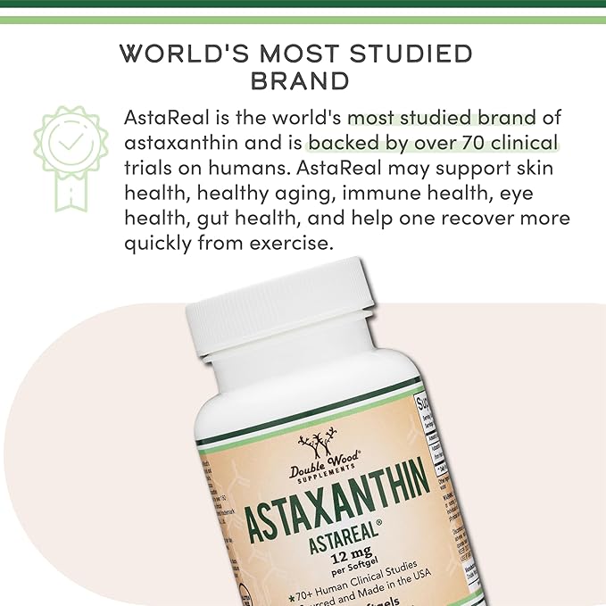 Astaxanthin 12mg Max Strength – AstaReal® Patented Antioxidant – Skin, Eye, Heart & Immune Support – Made in USA, Non-GMO, Gluten-Free – 60 Softgels