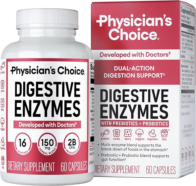 Physician's CHOICE Digestive Enzymes with Probiotics & Prebiotics – 16 Multi Enzymes for Bloating & Meal Discomfort – Gut Health Support – Non-GMO, Gluten-Free – 60 Capsules