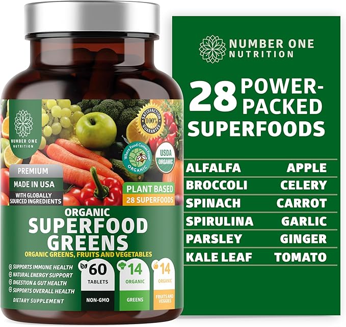 USDA Organic Superfood Greens Capsules – 28 Superfoods with Alfalfa, Beet Root, Ginger & Antioxidants – Energy, Immunity & Digestion Support – 60 Tablets